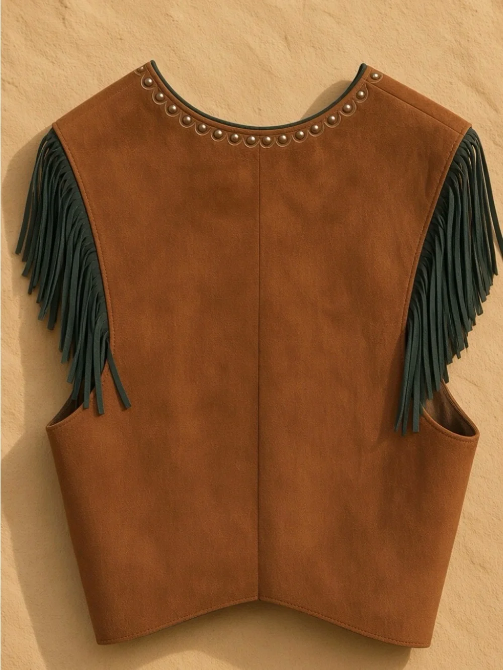 Patricia Wolf hand painted brown leather vest with black fringe RTL $395 L EUC